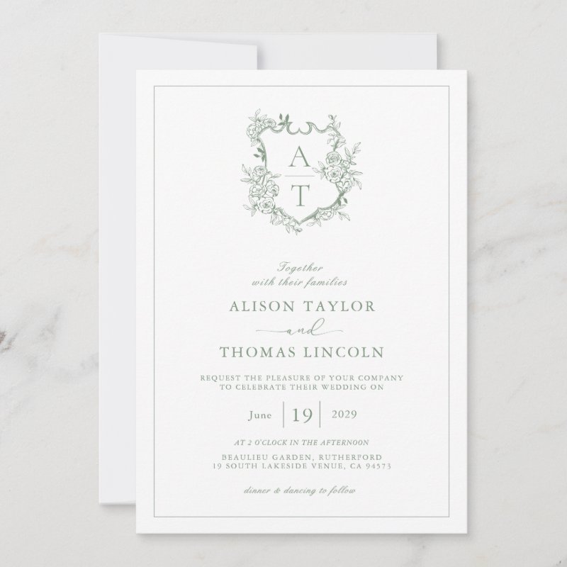 Formal Crest Sage Green Monogram Wedding Invitation Flat Invitation, Size: 5\" x 7\ 3 Formal Crest Sage Green Monogram Wedding Invitation Flat Invitation, Size: 5\\" x 7\\
