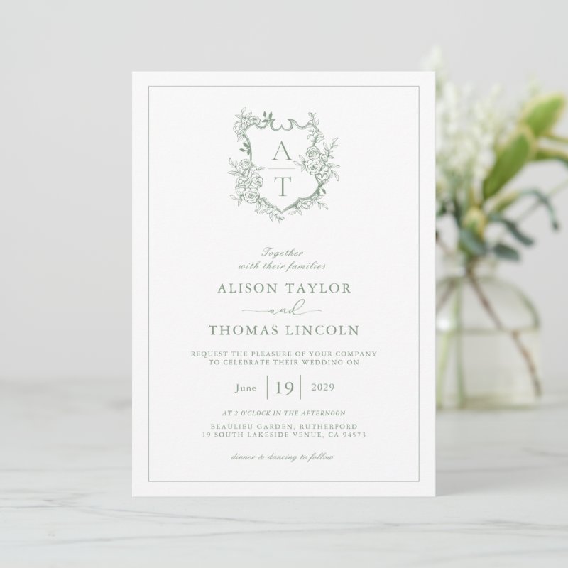 Formal Crest Sage Green Monogram Wedding Invitation Flat Invitation, Size: 5\" x 7\ 5 Formal Crest Sage Green Monogram Wedding Invitation Flat Invitation, Size: 5\\" x 7\\