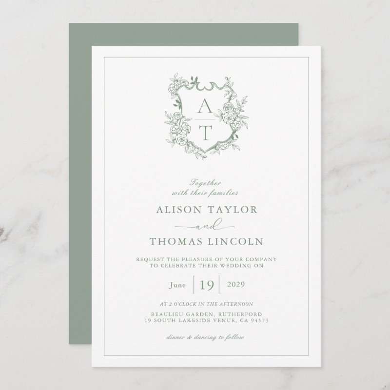 Formal Crest Sage Green Monogram Wedding Invitation Flat Invitation, Size: 5\" x 7\ 6 Formal Crest Sage Green Monogram Wedding Invitation Flat Invitation, Size: 5\\" x 7\\