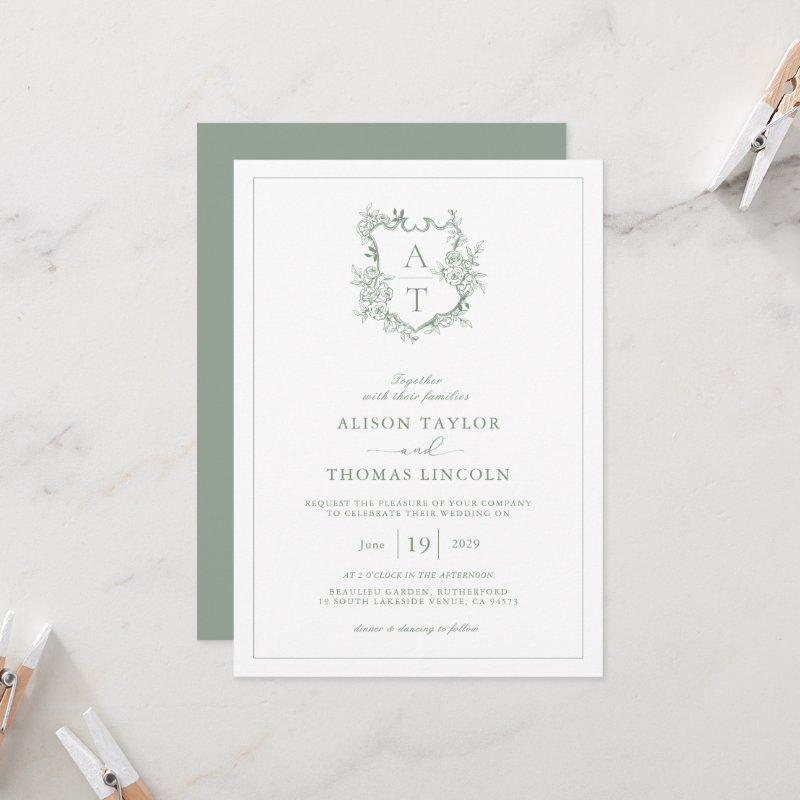 Formal Crest Sage Green Monogram Wedding Invitation Flat Invitation, Size: 5\" x 7\ 7 Formal Crest Sage Green Monogram Wedding Invitation Flat Invitation, Size: 5\\" x 7\\