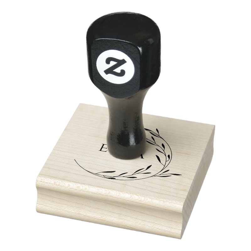 Elegant Minimalist Foliage Wreath Monogram Wood Rubber Stamp Custom 2.5\\" x 2.5\\" Rubber Stamp, Ink Pad Color = None, Orientation = Horizontal, Handle = Wooden Handle