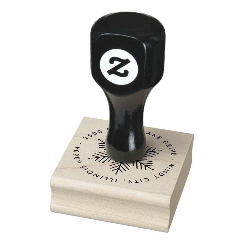 Modern Round Winter Snowflake Holiday Address Rubber Stamp Custom 2\\" x 2\\" Rubber Stamp, Ink Pad Color = None, Orientation = Horizontal, Handle = Wooden Handle