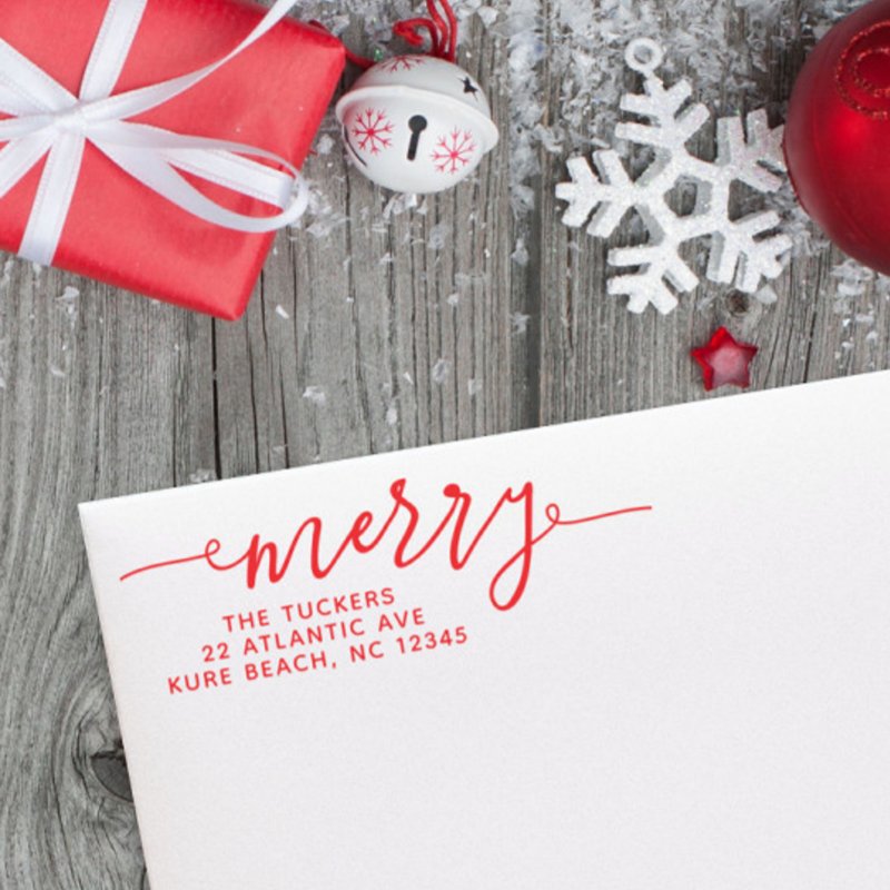 MERRY Script Simple Red Christmas Return Address Self-inking Stamp Custom 1.8\\" x 0.65\\" Stamp
