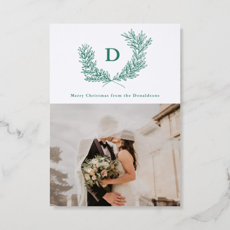 Monogram Crest Christmas Wreath Letterpress Photo Cards Press Color: Hunter, Orientation: Vertical, Envelopes: White Envelopes, Pressed Card