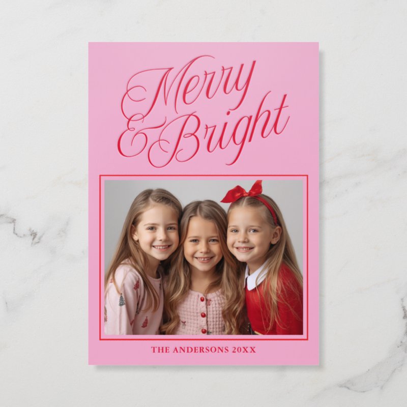 Merry and Bright Red Pink Letterpress Photo Cards Press Color: Red, Orientation: Vertical, Envelopes: White Envelopes, Pressed Card