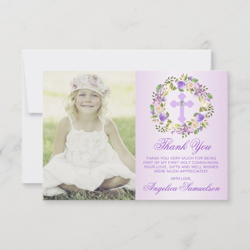 Baptism Communion Confirmation Girl Purple PHOTO Thank You Card 3.5\\" x 5\\" Flat Thank You Card