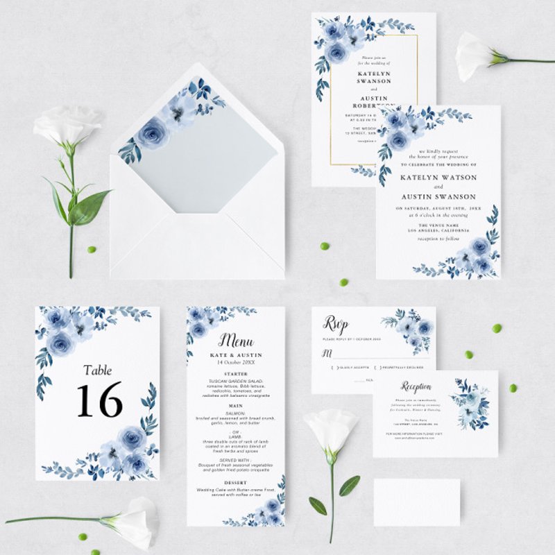 lovely dusty blue floral wedding invitation Flat Invitation, Size: 5\\" x 7\\