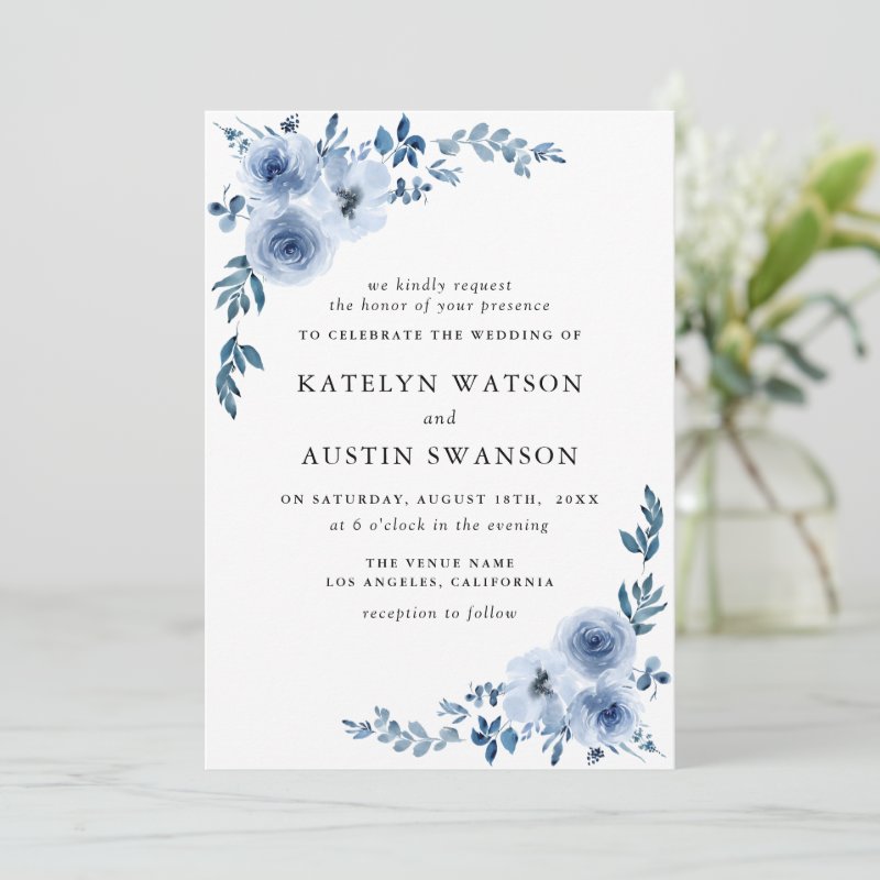 lovely dusty blue floral wedding invitation Flat Invitation, Size: 5\" x 7\ 4 lovely dusty blue floral wedding invitation Flat Invitation, Size: 5\\" x 7\\