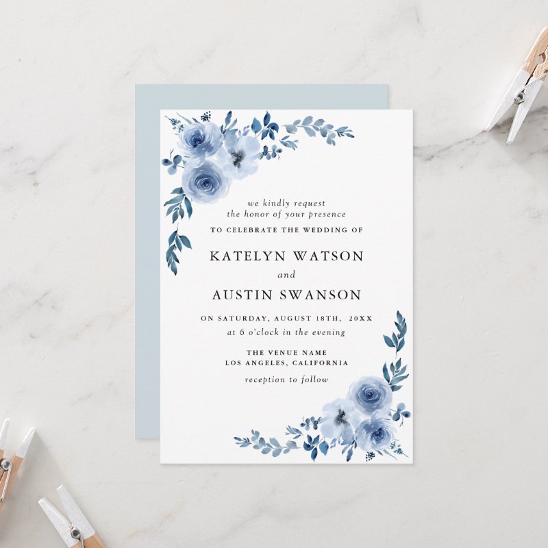 lovely dusty blue floral wedding invitation Flat Invitation, Size: 5\" x 7\ 6 lovely dusty blue floral wedding invitation Flat Invitation, Size: 5\\" x 7\\