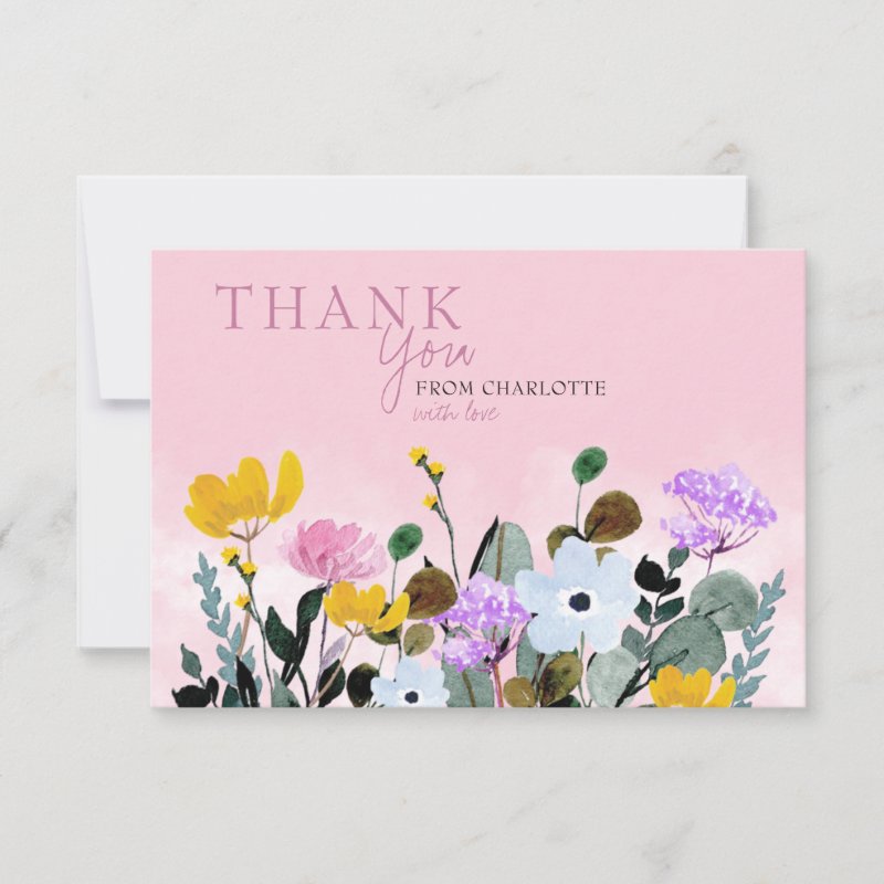 Wildflower Lawn Personalized Pink Thank You Card 3.5\\" x 5\\" Flat Thank You Card