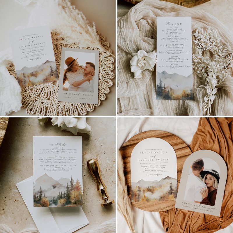 Arched Boho Watercolor Mountain Wedding Invitation Flat Invitation, Size: 5\\" x 7\\