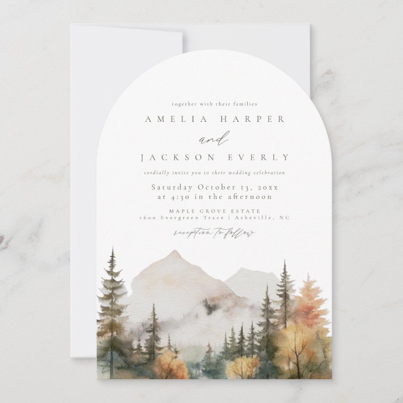 Arched Boho Watercolor Mountain Wedding Invitation Flat Invitation, Size: 5\\" x 7\\