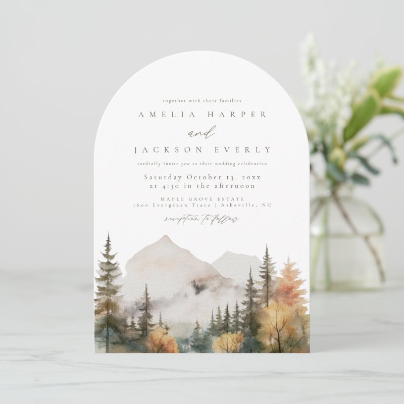 Arched Boho Watercolor Mountain Wedding Invitation Flat Invitation, Size: 5\" x 7\ 4 Arched Boho Watercolor Mountain Wedding Invitation Flat Invitation, Size: 5\\" x 7\\
