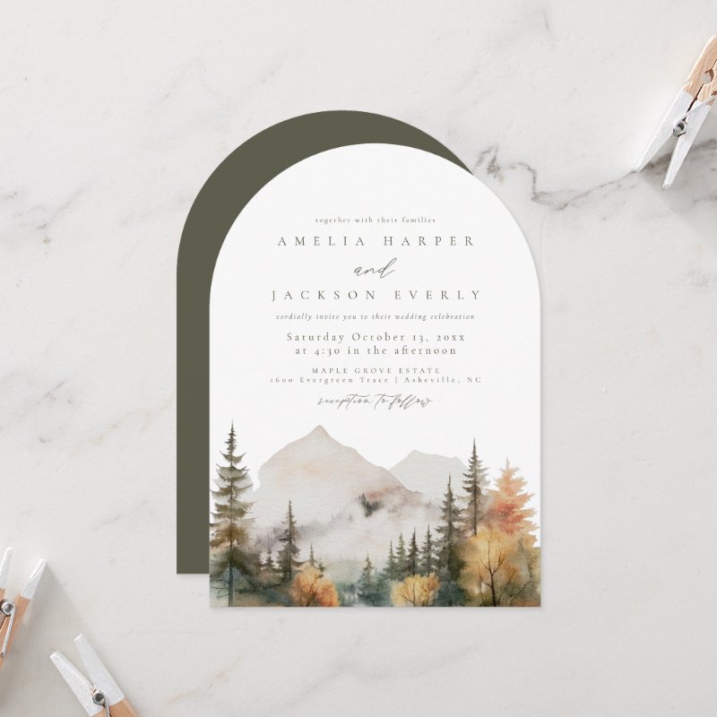 Arched Boho Watercolor Mountain Wedding Invitation Flat Invitation, Size: 5\" x 7\ 6 Arched Boho Watercolor Mountain Wedding Invitation Flat Invitation, Size: 5\\" x 7\\