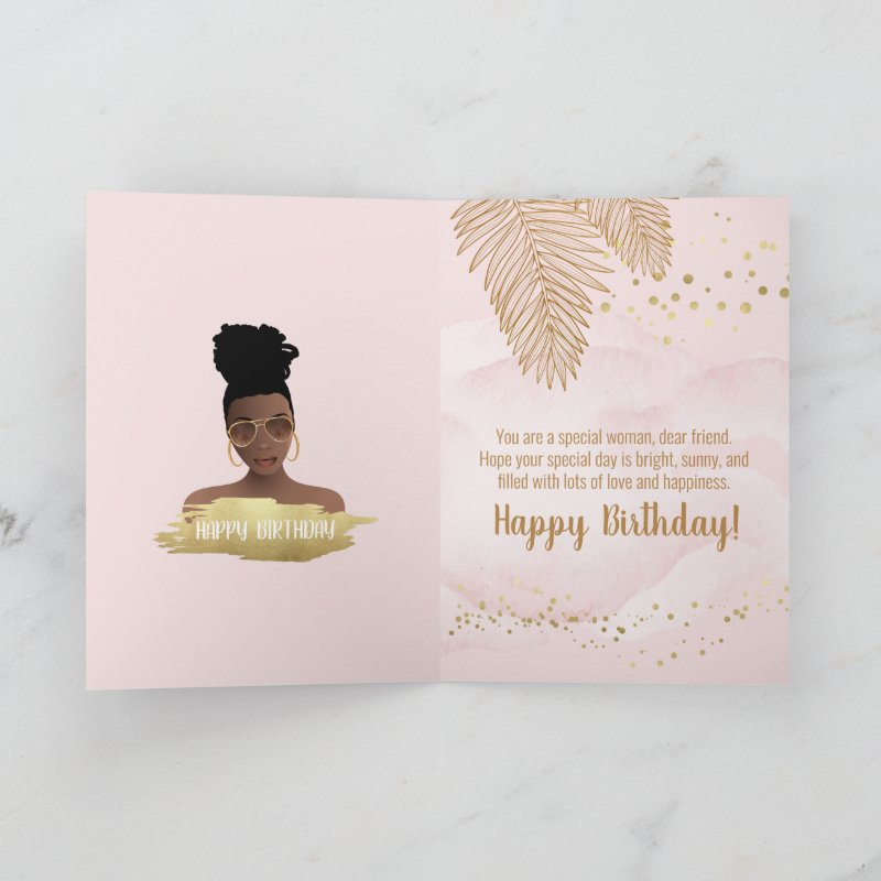 Birthday, Black Woman, Gold Tropical Leaf, Pink Card Custom Folded Greeting Card, Size: Standard, 5\\" x 7\\