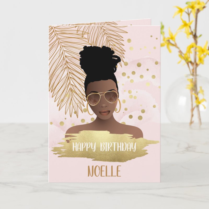 Birthday, Black Woman, Gold Tropical Leaf, Pink Card Custom Folded Greeting Card, Size: Standard, 5\" x 7\ 3 Birthday, Black Woman, Gold Tropical Leaf, Pink Card Custom Folded Greeting Card, Size: Standard, 5\\" x 7\\