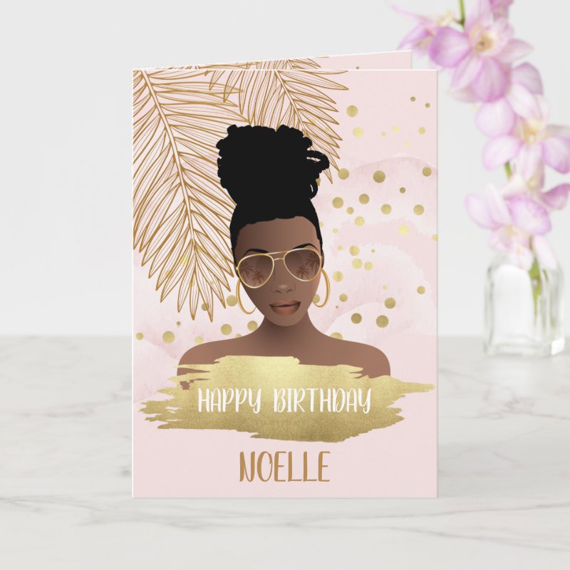 Birthday, Black Woman, Gold Tropical Leaf, Pink Card Custom Folded Greeting Card, Size: Standard, 5\" x 7\ 4 Birthday, Black Woman, Gold Tropical Leaf, Pink Card Custom Folded Greeting Card, Size: Standard, 5\\" x 7\\