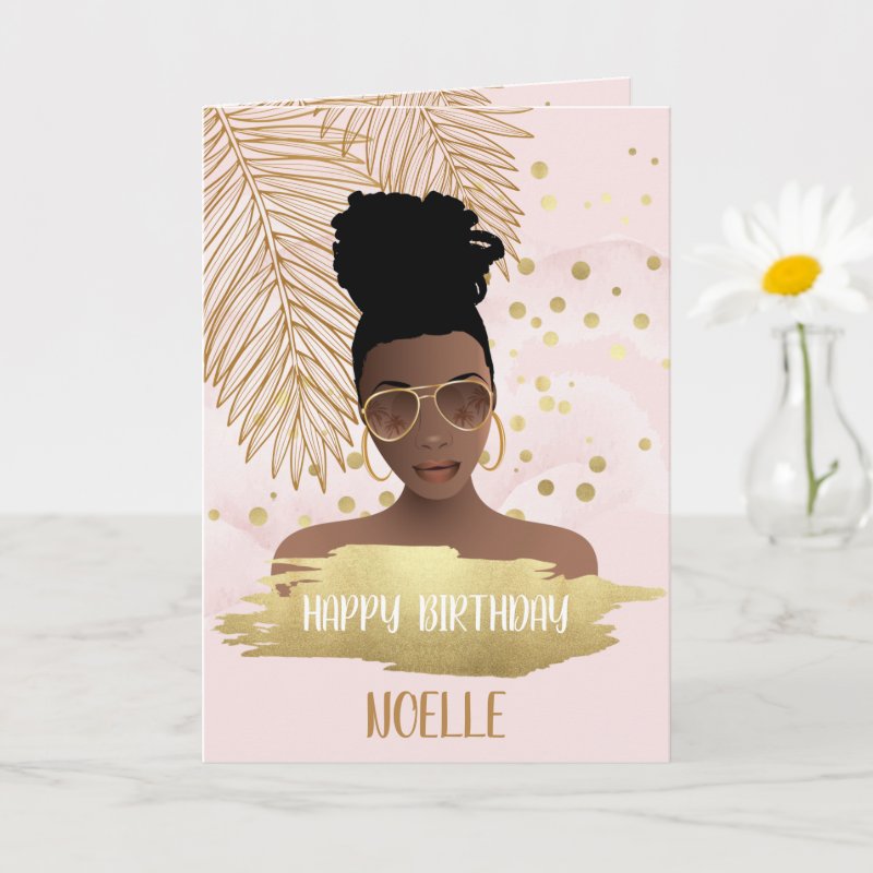 Birthday, Black Woman, Gold Tropical Leaf, Pink Card Custom Folded Greeting Card, Size: Standard, 5\" x 7\ 5 Birthday, Black Woman, Gold Tropical Leaf, Pink Card Custom Folded Greeting Card, Size: Standard, 5\\" x 7\\
