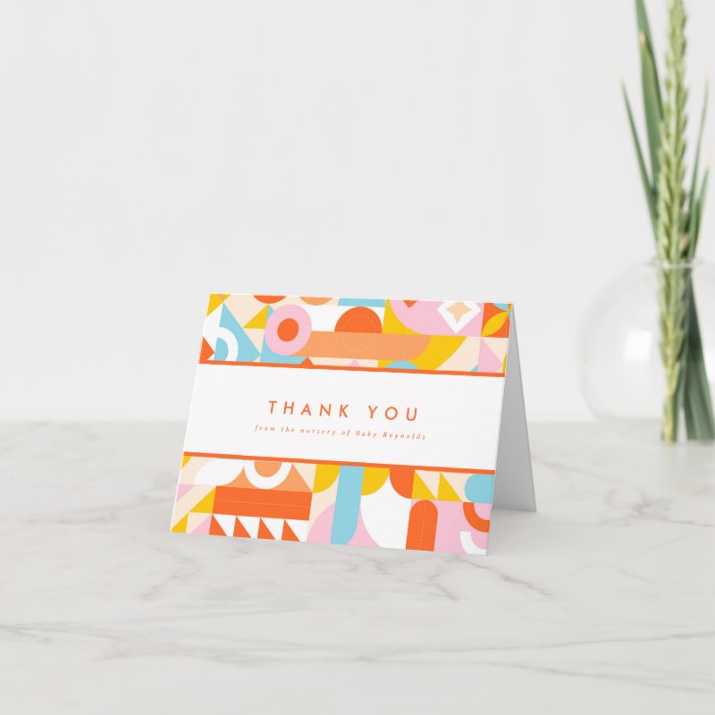 Funky Modern Orange Tiny Human Shindig Baby Shower Thank You Card Custom Folded Thank You Card, Size: Small, 4\\" x 5.6\\