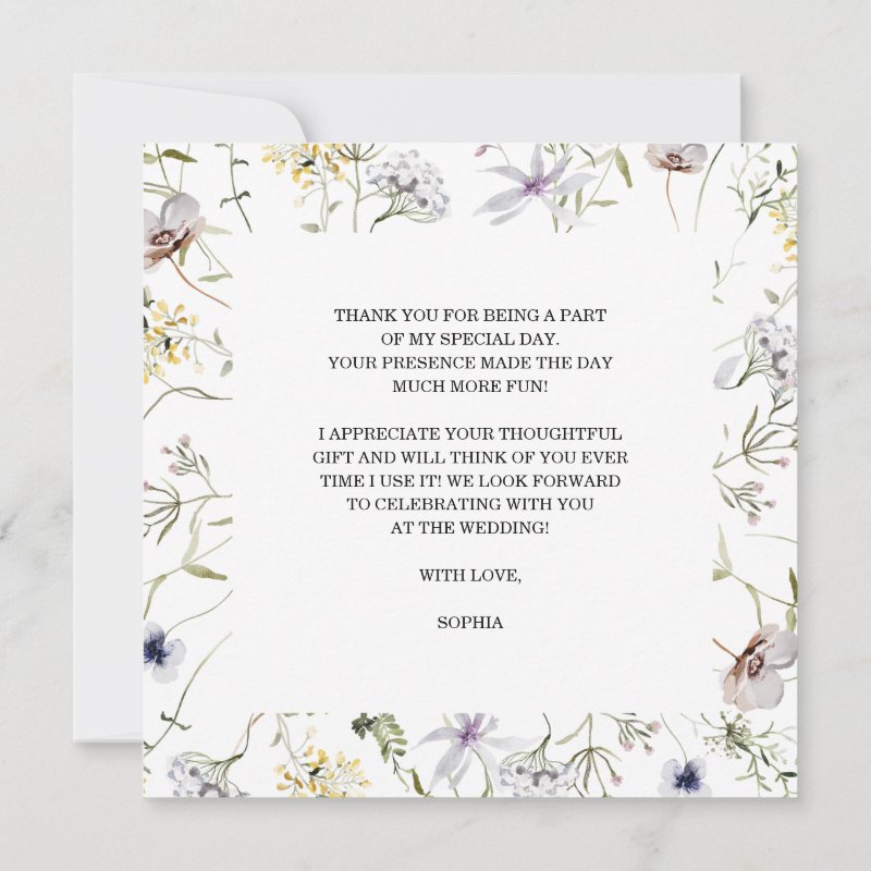 Wildflower Bridal Shower Thank You Card 5.25\\" x 5.25\\" Flat Thank You Card