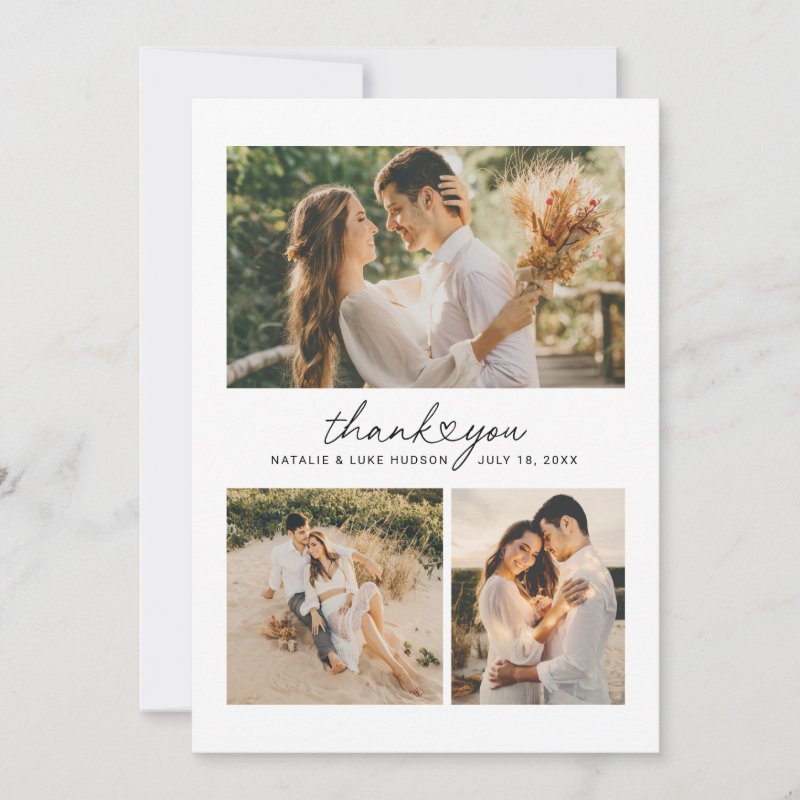 Modern Heart Script Wedding Photo Collage Thank You Card 5\\" x 7\\" Flat Thank You Card