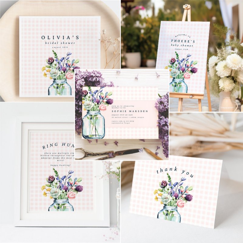 Rustic Wildflower Mason Jar Bridal Shower Thank You Card Custom Folded Thank You Card, Size: Small, 4\\" x 5.6\\