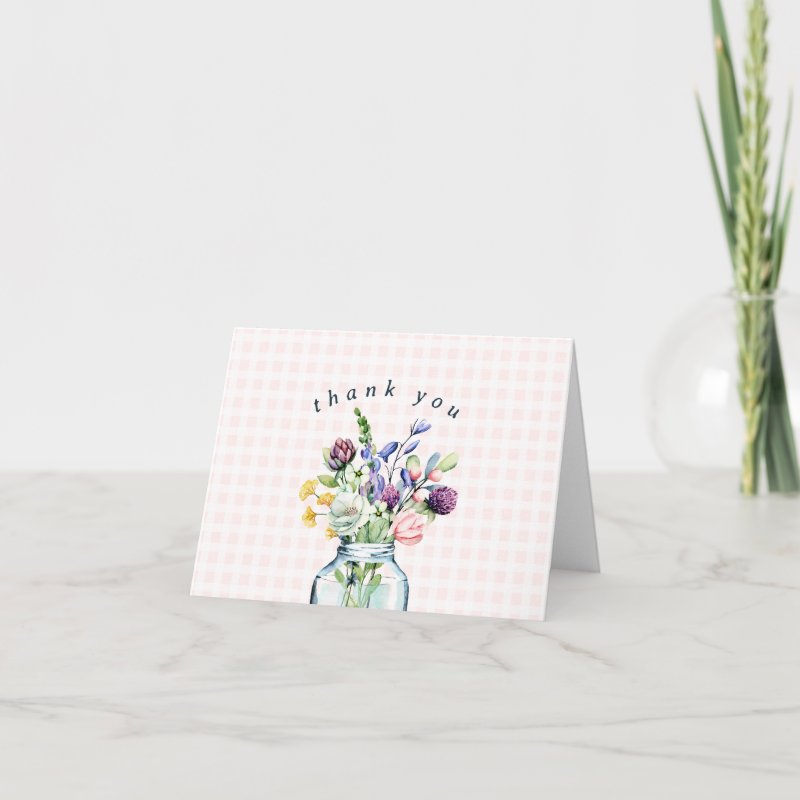 Rustic Wildflower Mason Jar Bridal Shower Thank You Card Custom Folded Thank You Card, Size: Small, 4\\" x 5.6\\