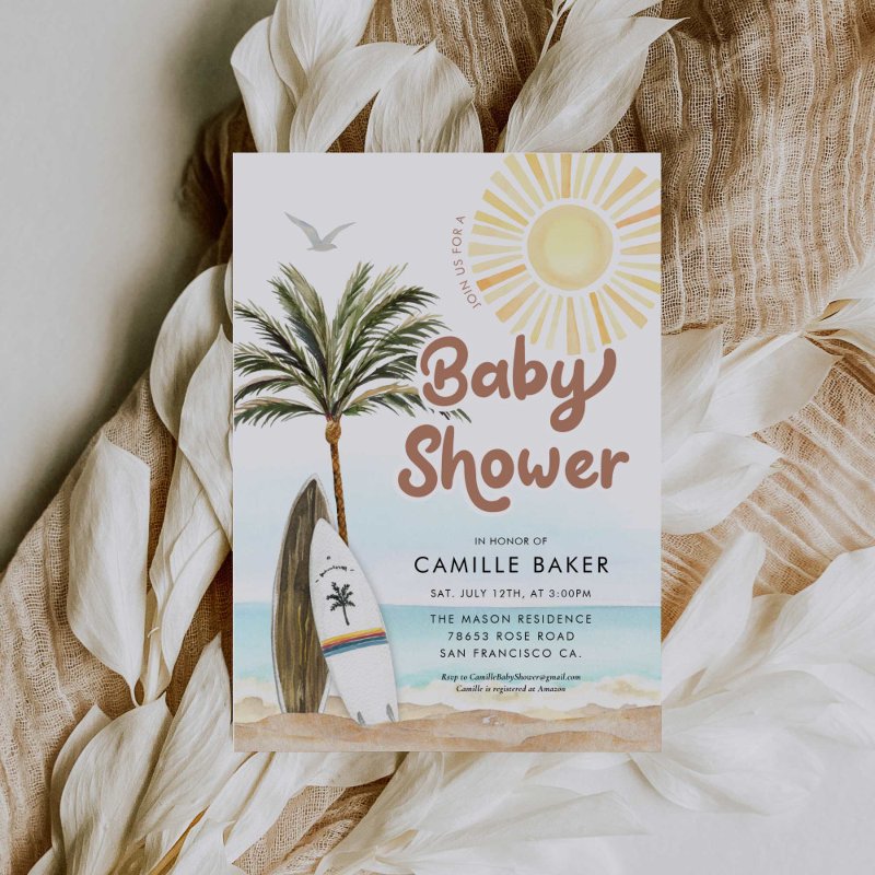 Beach Surfing Baby Shower Thank You Card Custom Folded Thank You Card, Size: Standard, 5\\" x 7\\