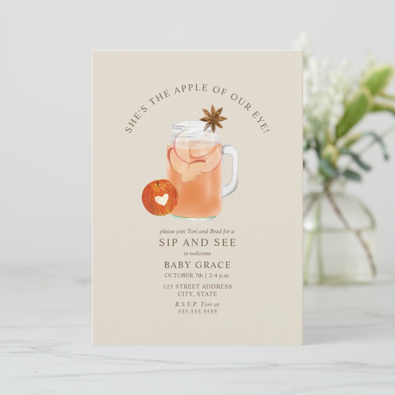 Apple Of Our Eye Sip And See Cider Mason Jar Invitation Flat Invitation, Size: 5\\" x 7\\