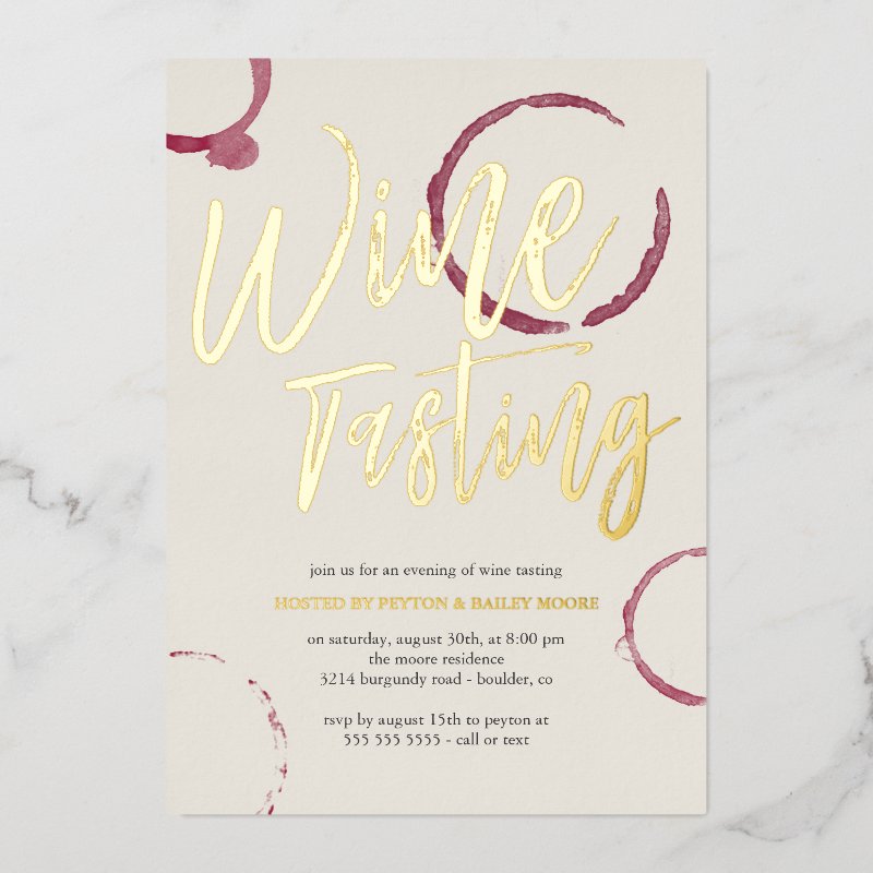 Burgundy Stains - Wine Tasting Party Gold Foil Invitation 5\\" x 7\\" Foil Invitation