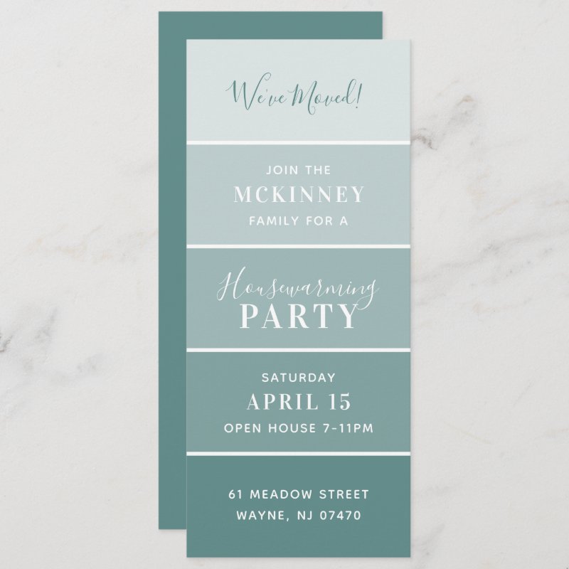 Aqua Paint Swatch Card Housewarming Party Invite Flat Invitation, Size: 4\" x 9.25\ 3 Aqua Paint Swatch Card Housewarming Party Invite Flat Invitation, Size: 4\\" x 9.25\\
