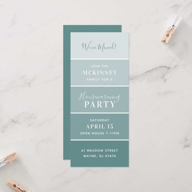 Aqua Paint Swatch Card Housewarming Party Invite Flat Invitation, Size: 4\" x 9.25\ 4 Aqua Paint Swatch Card Housewarming Party Invite Flat Invitation, Size: 4\\" x 9.25\\