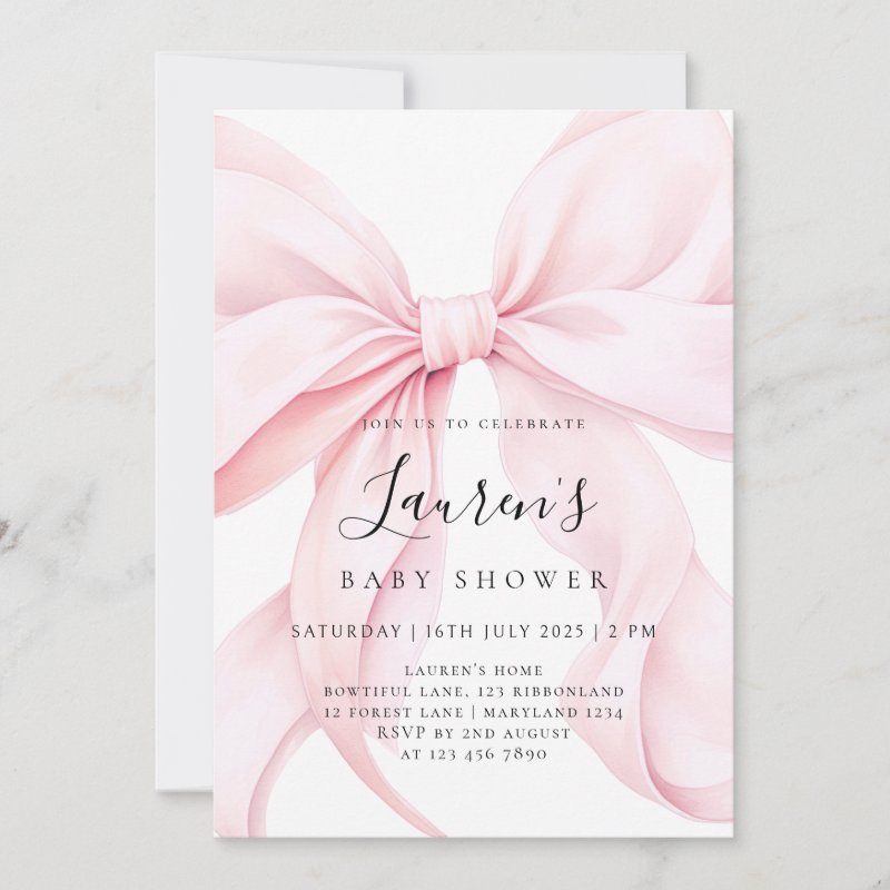 Pink Bow Girl Baby Shower Invitation Flat Invitation, Size: 5\\" x 7\\