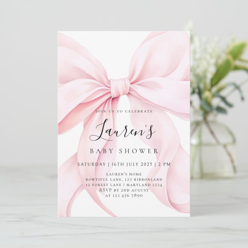 Pink Bow Girl Baby Shower Invitation Flat Invitation, Size: 5\" x 7\ 4 Pink Bow Girl Baby Shower Invitation Flat Invitation, Size: 5\\" x 7\\