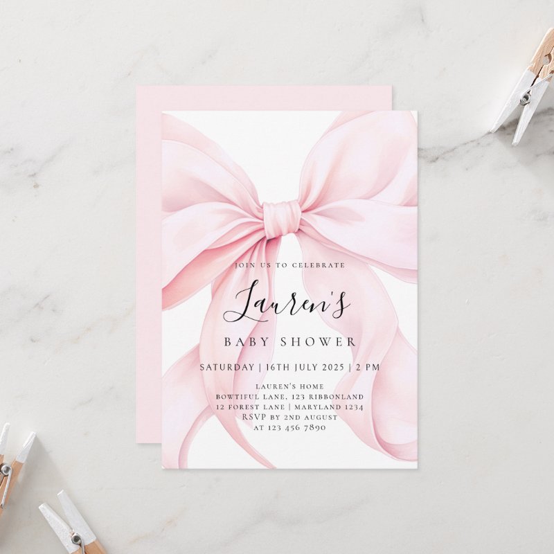 Pink Bow Girl Baby Shower Invitation Flat Invitation, Size: 5\" x 7\ 6 Pink Bow Girl Baby Shower Invitation Flat Invitation, Size: 5\\" x 7\\