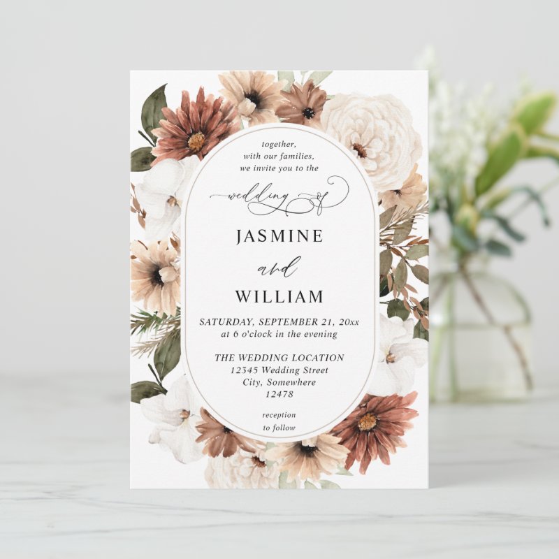 Rustic Neutral Boho Floral Wedding Invitation Flat Invitation, Size: 5\" x 7\ 4 Rustic Neutral Boho Floral Wedding Invitation Flat Invitation, Size: 5\\" x 7\\