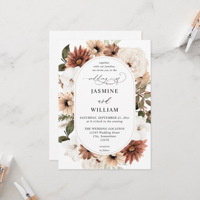 Rustic Neutral Boho Floral Wedding Invitation Flat Invitation, Size: 5\" x 7\ 6 Rustic Neutral Boho Floral Wedding Invitation Flat Invitation, Size: 5\\" x 7\\