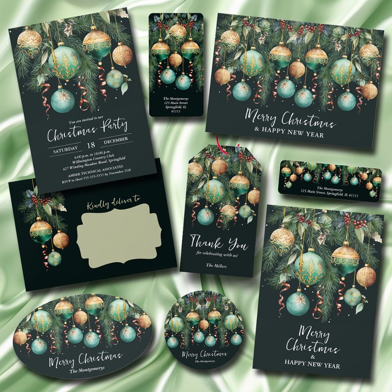 Gold Baubles Christmas Tree Party Invitation Flat Invitation, Size: 5\\" x 7\\