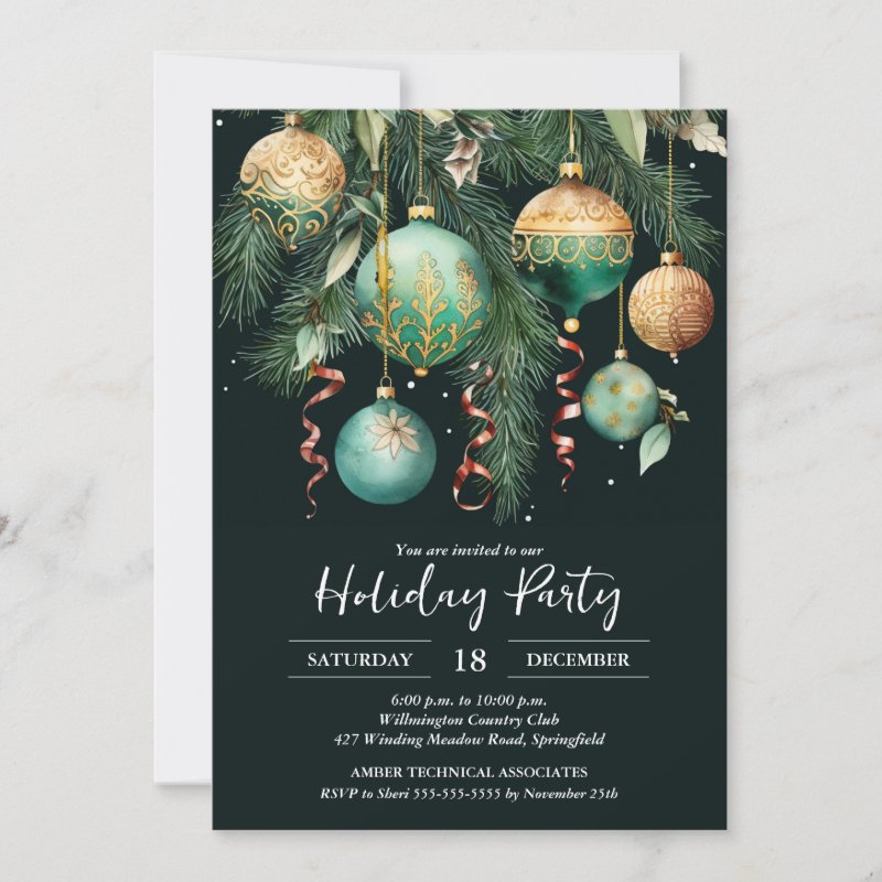 Gold Baubles Christmas Tree Party Invitation Flat Invitation, Size: 5\\" x 7\\