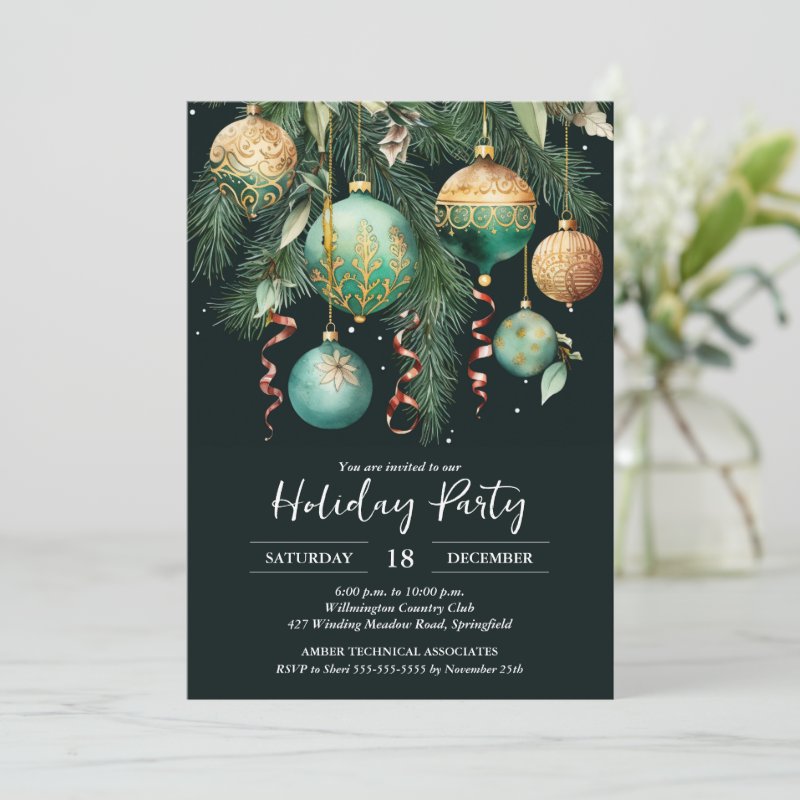 Gold Baubles Christmas Tree Party Invitation Flat Invitation, Size: 5\" x 7\ 4 Gold Baubles Christmas Tree Party Invitation Flat Invitation, Size: 5\\" x 7\\