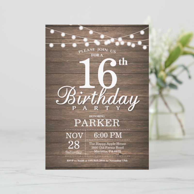 Rustic 16th Birthday Invitation String Lights Wood Flat Invitation, Size: 5\\" x 7\\