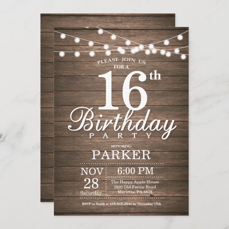 Rustic 16th Birthday Invitation String Lights Wood Flat Invitation, Size: 5\\" x 7\\
