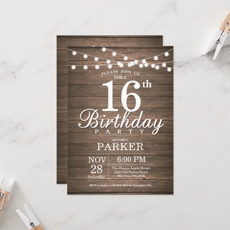Rustic 16th Birthday Invitation String Lights Wood Flat Invitation, Size: 5\\" x 7\\