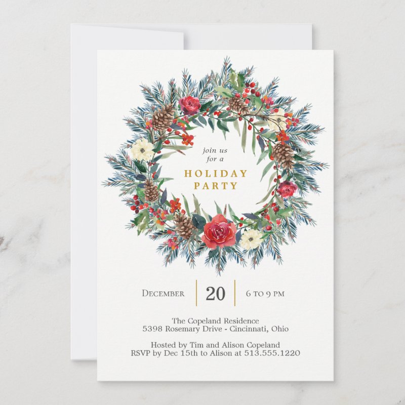 Festive Wreath Holiday Party Invitation Flat Invitation, Size: 5\\" x 7\\