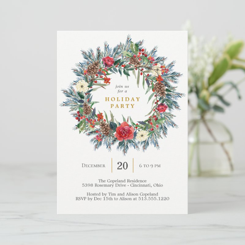 Festive Wreath Holiday Party Invitation Flat Invitation, Size: 5\" x 7\ 3 Festive Wreath Holiday Party Invitation Flat Invitation, Size: 5\\" x 7\\