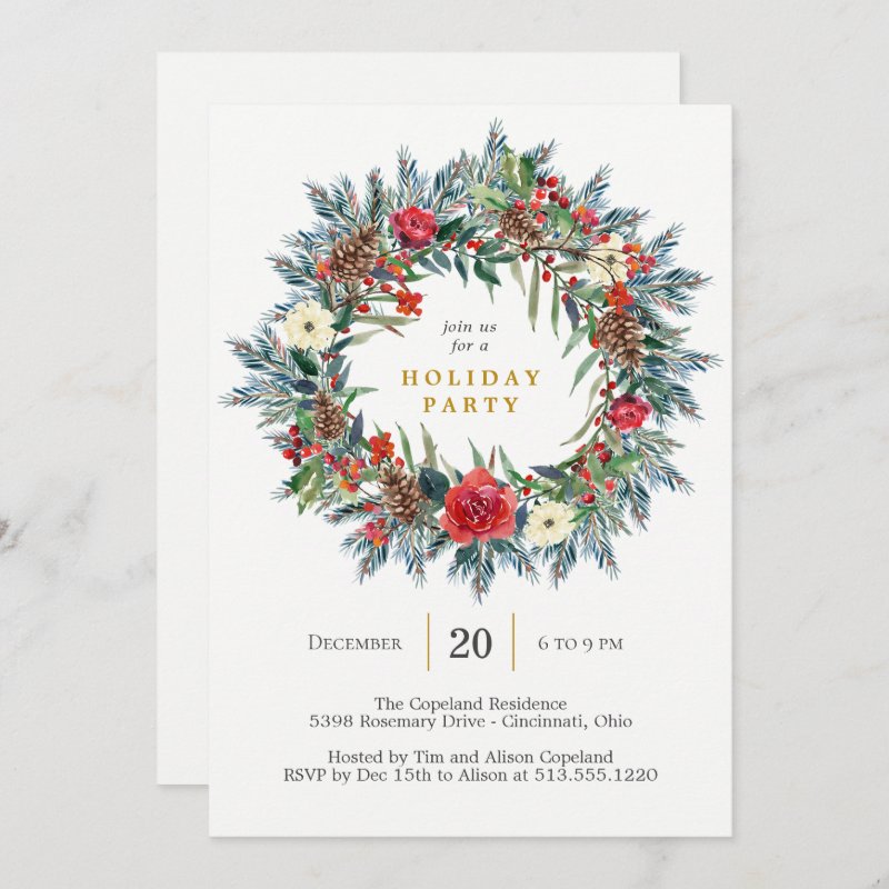 Festive Wreath Holiday Party Invitation Flat Invitation, Size: 5\" x 7\ 4 Festive Wreath Holiday Party Invitation Flat Invitation, Size: 5\\" x 7\\