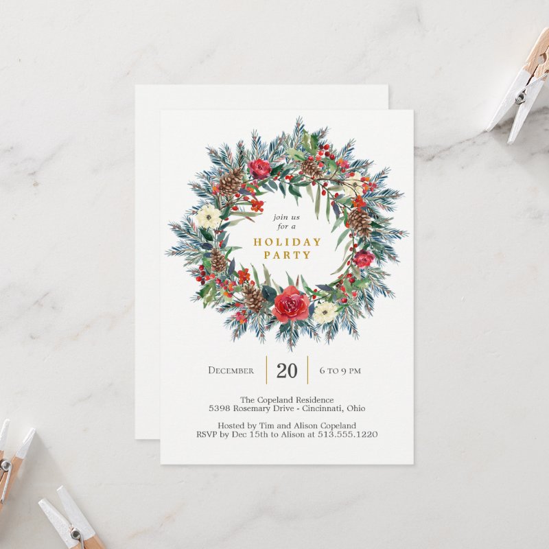 Festive Wreath Holiday Party Invitation Flat Invitation, Size: 5\" x 7\ 5 Festive Wreath Holiday Party Invitation Flat Invitation, Size: 5\\" x 7\\