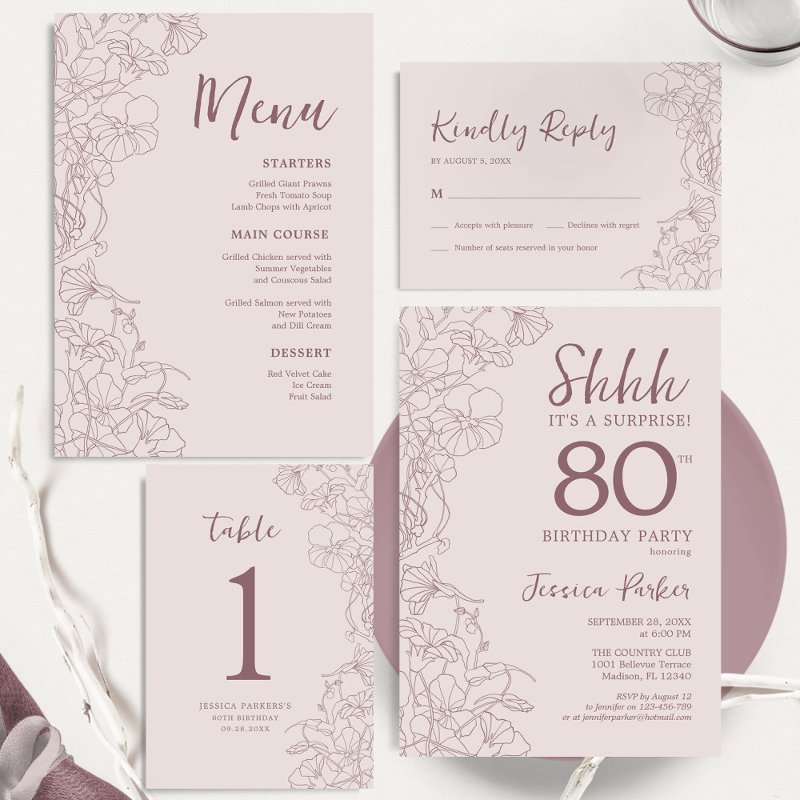 Floral Pink Mauve Surprise 80th Birthday Invitation Flat Invitation, Size: 5\\" x 7\\