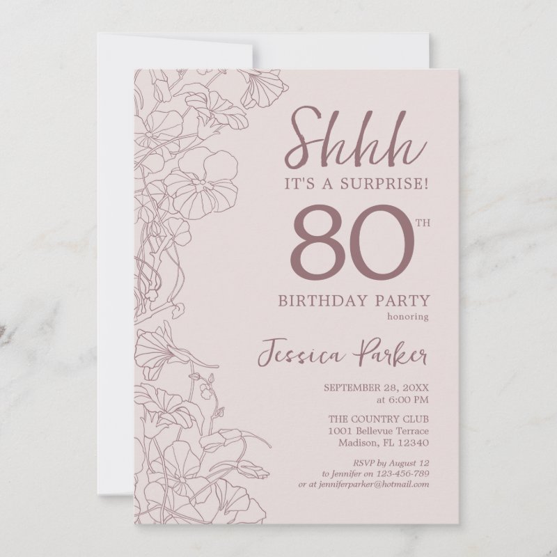 Floral Pink Mauve Surprise 80th Birthday Invitation Flat Invitation, Size: 5\\" x 7\\