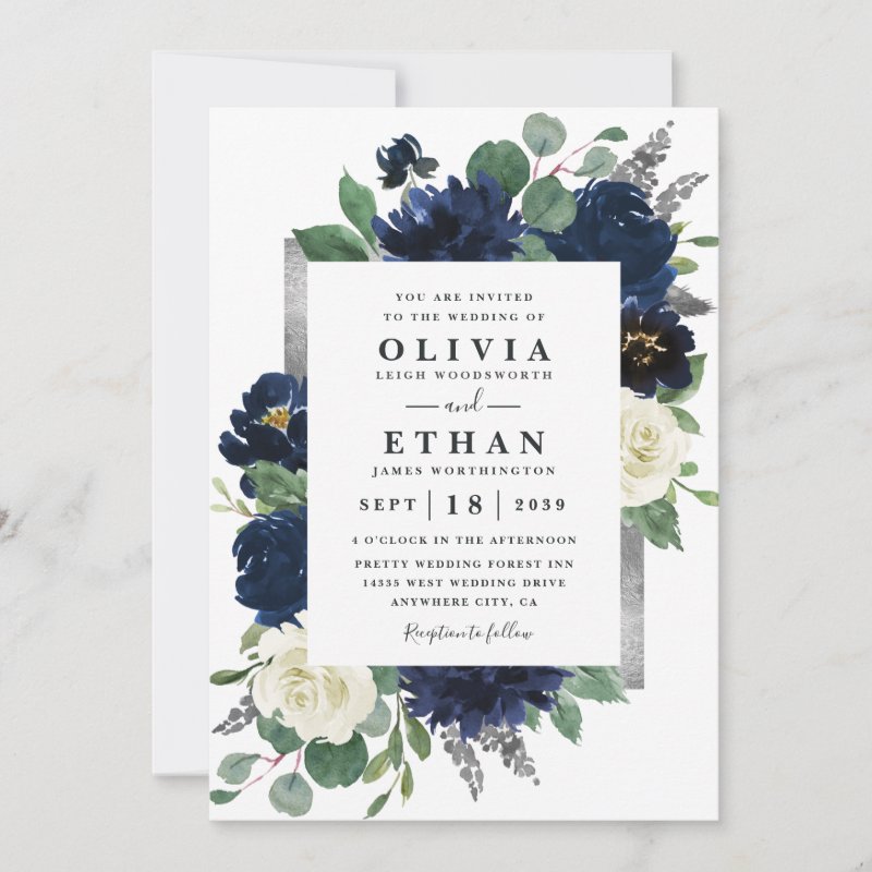 Navy Blue and Silver Elegant Ivory Floral Wedding Invitation Flat Invitation, Size: 5\\" x 7\\